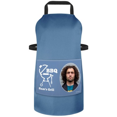(70cm x 55cm) - with BBQ Icon - Gothic Blue Luxury Cotton Fabric (Personalised with Text) and Photo Printed Pocket
