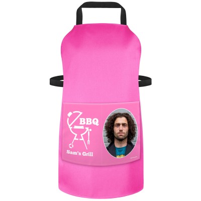 (90cm x 70cm) - with BBQ Icon - Hot Pink Cotton Fabric (Personalised with Text) and Photo Printed Pocket