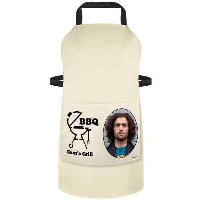 (90cm x 70cm) - with BBQ Icon - Natural Organic Cotton (Personalised with Text) and Photo Printed Pocket