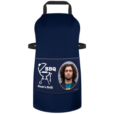 (90cm x 70cm) - with BBQ Icon - Navy Blue Cotton Fabric (Personalised with Text) and Photo Printed Pocket