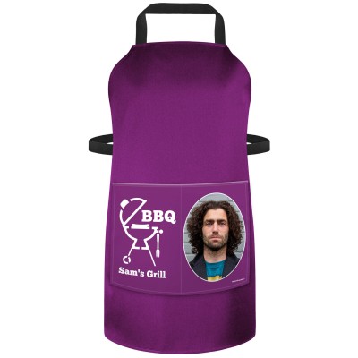 (70cm x 55cm) - with BBQ Icon - Purple Cotton Fabric (Personalised with Text) and Photo Printed Pocket