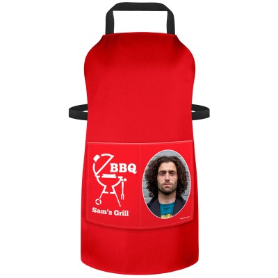 (90cm x 70cm) - with BBQ Icon - Red Cotton Fabric (Personalised with Text) and Photo Printed Pocket