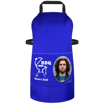(70cm x 55cm) - with BBQ Icon - Royal Blue Cotton Fabric (Personalised with Text) and Photo Printed Pocket