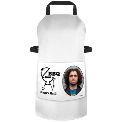 (90cm x 70cm) - with BBQ Icon - White Cotton Fabric (Personalised with Text) and Photo Printed Pocket
