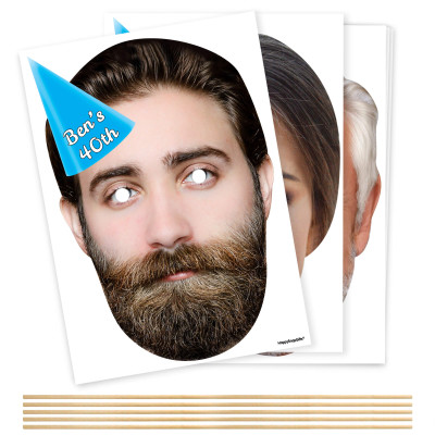 Pack of 5 (A4) with Hat Theme (Blue) DIY Masks + Sticks (Personalised with Text)