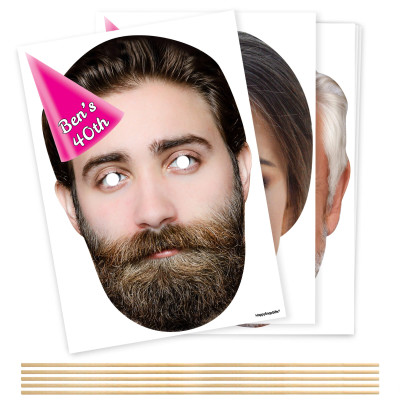 Pack of 5 (A4) with Hat Theme (Pink) DIY Masks + Sticks (Personalised with Text)