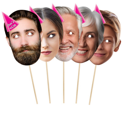 Pack of 5 (A4) with Hat Theme (Pink) Finished Masks + Sticks (Personalised with Text)