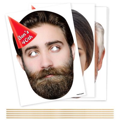 Pack of 5 (A4) with Hat Theme (Red) DIY Masks + Sticks (Personalised with Text)