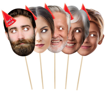 Pack of 5 (A4) with Hat Theme (Red) Finished Masks + Sticks (Personalised with Text)