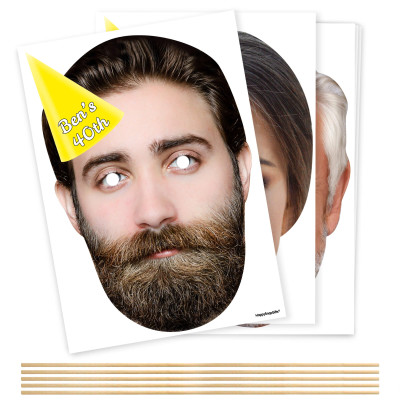 Pack of 5 (A4) with Hat Theme (Yellow) DIY Masks + Sticks (Personalised with Text)