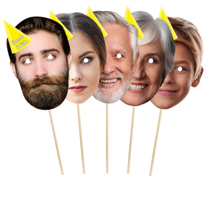 Pack of 5 (A4) with Hat Theme (Yellow) Finished Masks + Sticks (Personalised with Text)