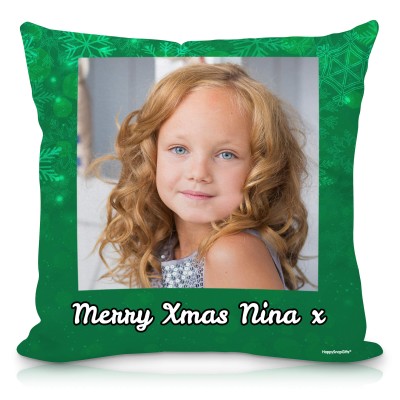 (25cm Square) - Snowflakes on Green Design Soft Velvet Polyester Fabric (Personalised with Text)