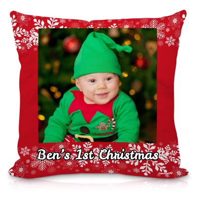(25cm Square) - Snowflakes on Red Design Soft Velvet Polyester Fabric (Personalised with Text)