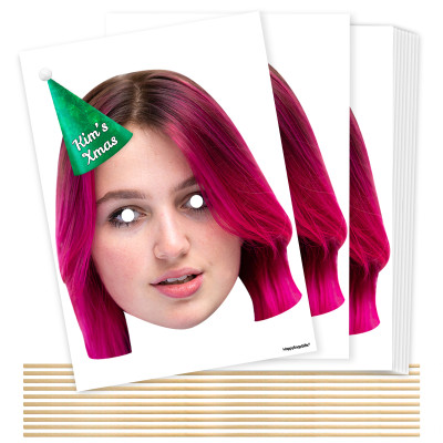 Pack of 10 (A4) with Hat Theme (Snowflakes Green) DIY Masks + Sticks (Personalised with Text)