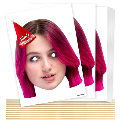 Pack of 10 (A4) with Hat Theme (Snowflakes Red) DIY Masks + Sticks (Personalised with Text)