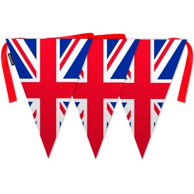 - 5 Metres with 12 Triangle Flags (28cm) Red, White and Blue (Classic) Mock Suede Polyester Fabric (Personalised with Text)