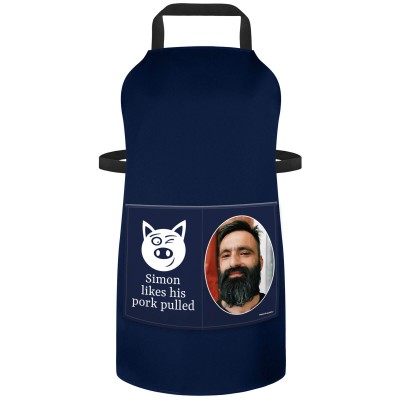(90cm x 70cm) with Pulled Pork Icon - Navy Blue Cotton Fabric (Personalised with Text) and Photo Printed Pocket