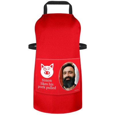(90cm x 70cm) with Pulled Pork Icon - Red Cotton Fabric (Personalised with Text) and Photo Printed Pocket
