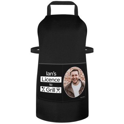 (90cm x 70cm) with License to Grill Icon Black Cotton Fabric (Personalised with Text) and Photo Printed Pocket