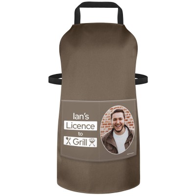 (70cm x 55cm) with License to Grill Icon - Chocolate Luxury Cotton Fabric (Personalised with Text) and Photo Printed Pocket