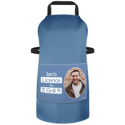 (70cm x 55cm) with License to Grill Icon - Gothic Blue Luxury Cotton Fabric (Personalised with Text) and Photo Printed Pocket