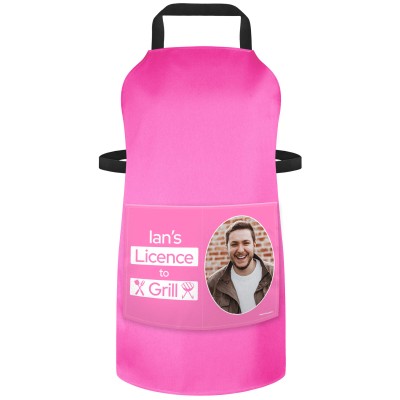 (70cm x 55cm) with License to Grill Icon - Hot Pink Cotton Fabric (Personalised with Text) and Photo Printed Pocket