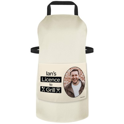 (90cm x 70cm) with License to Grill Icon - Natural Cotton Fabric (Personalised with Text) and Photo Printed Pocket