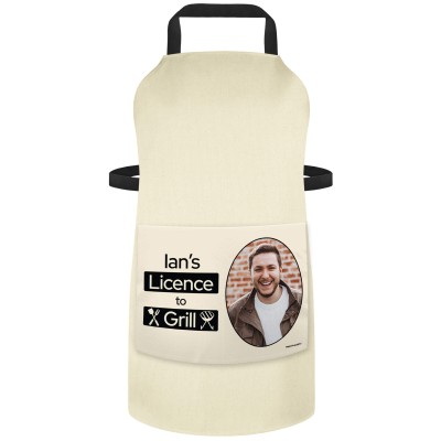 (90cm x 70cm) with License to Grill Icon - Natural Organic Cotton (Personalised with Text) and Photo Printed Pocket
