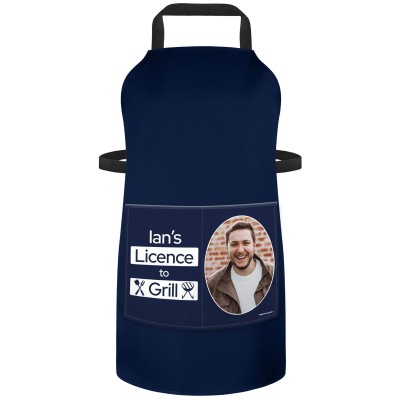 (70cm x 55cm) with License to Grill Icon - Navy Blue Cotton Fabric (Personalised with Text) and Photo Printed Pocket