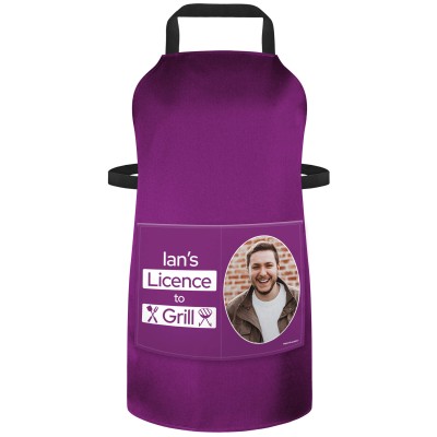 (90cm x 70cm) with License to Grill Icon - Purple Cotton Fabric (Personalised with Text) and Photo Printed Pocket