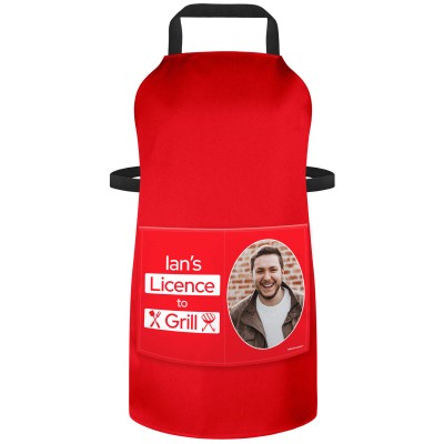 (90cm x 70cm) with License to Grill Icon - Red Cotton Fabric (Personalised with Text) and Photo Printed Pocket