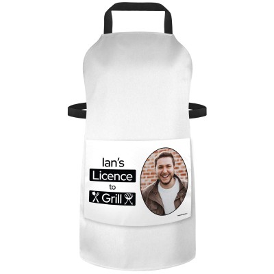 (90cm x 70cm) with License to Grill Icon - White Cotton Fabric (Personalised with Text) and Photo Printed Pocket