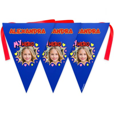 - 5 Metres with 12 Triangle Flags (28cm) with Hearts & Stars Design Mock Suede Polyester Fabric (Personalised with Text)