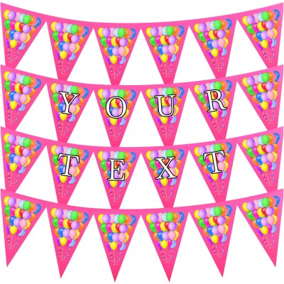 - 3 Metres with 24 Triangle Flags (20cm) with Balloon Design Hot Pink (Fuchsia) Mock Suede Polyester Fabric (Personalised with Text)