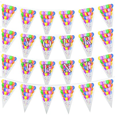 - 3 Metres with 24 Triangle Flags (20cm) with Balloon Design White Mock Suede Polyester Fabric (Personalised with Text)