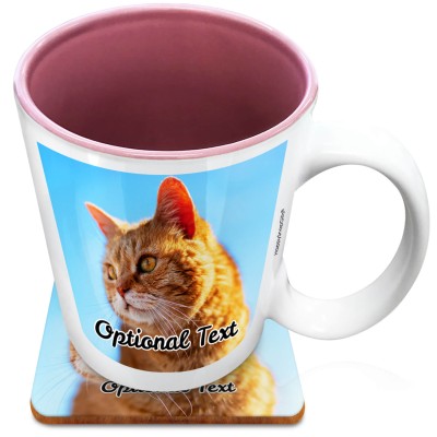 (XL 15oz Pink) with 1 Photo Printed Front & Back (Personalised with Text) with 1 matching Square Coaster