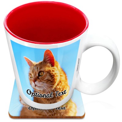 (XL 15oz Red) with 1 Photo Printed Front & Back (Personalised with Text) with 1 matching Square Coaster