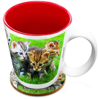 (XL 15oz Red) with 1 Wrapped Around Image (Personalised with Text) with 1 matching Circular Coaster