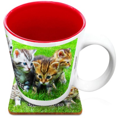 (XL 15oz Red) with 1 Wrapped Around Image (Personalised with Text) with 1 matching Square Coaster
