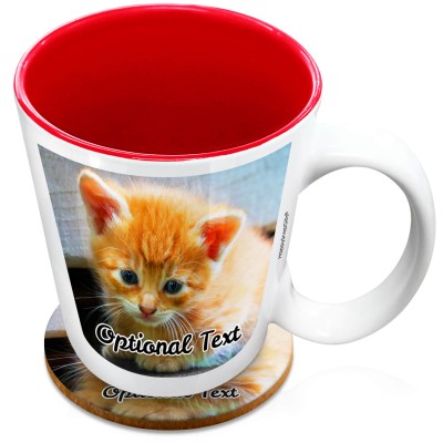 (XL 15oz Red) with 2 Photos Printed Front & Back (Personalised with Text) with 1 matching Circular Coaster