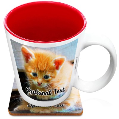 (XL 15oz Red) with 2 Photos Printed Front & Back (Personalised with Text) with 1 matching Square Coaster