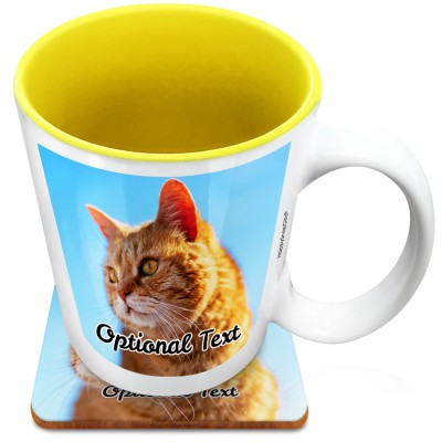 (XL 15oz Yellow) with 1 Photo Printed Front & Back (Personalised with Text) with 1 matching Square Coaster
