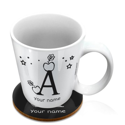 (10oz White) with Alphabet Theme Black (Personalised with Text) with 1 matching Circular Coaster