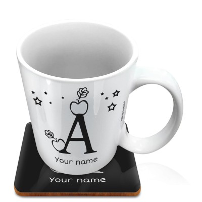 (10oz White) with Alphabet Theme Black (Personalised with Text) with 1 matching Square Coaster