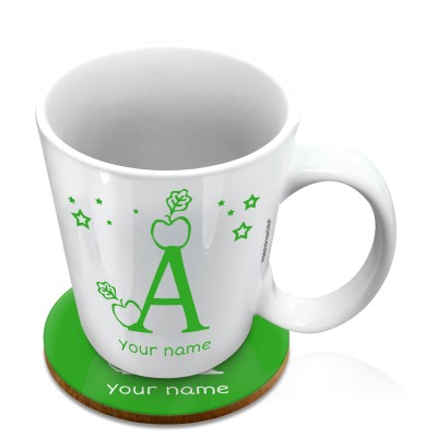 (10oz White) with Alphabet Theme Bright Green (Personalised with Text) with 1 matching Circular Coaster