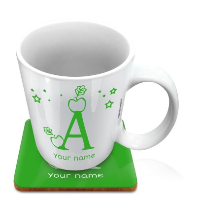 (10oz White) with Alphabet Theme Bright Green (Personalised with Text) with 1 matching Square Coaster