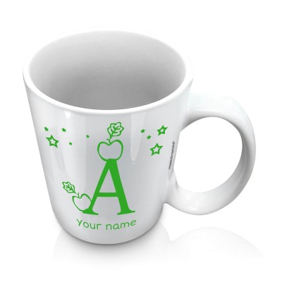 (10oz White) with Alphabet Theme Bright Green (Personalised with Text)
