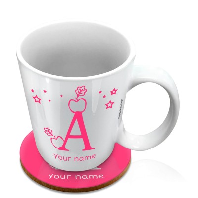 (10oz White) with Alphabet Theme Hot Pink (Fuchsia) (Personalised with Text) with 1 matching Circular Coaster