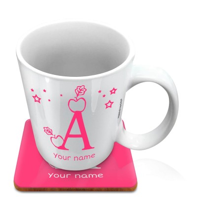 (10oz White) with Alphabet Theme Hot Pink (Fuchsia) (Personalised with Text) with 1 matching Square Coaster