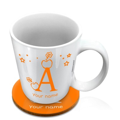 (10oz White) with Alphabet Theme Burnt Orange (Personalised with Text) with 1 matching Circular Coaster